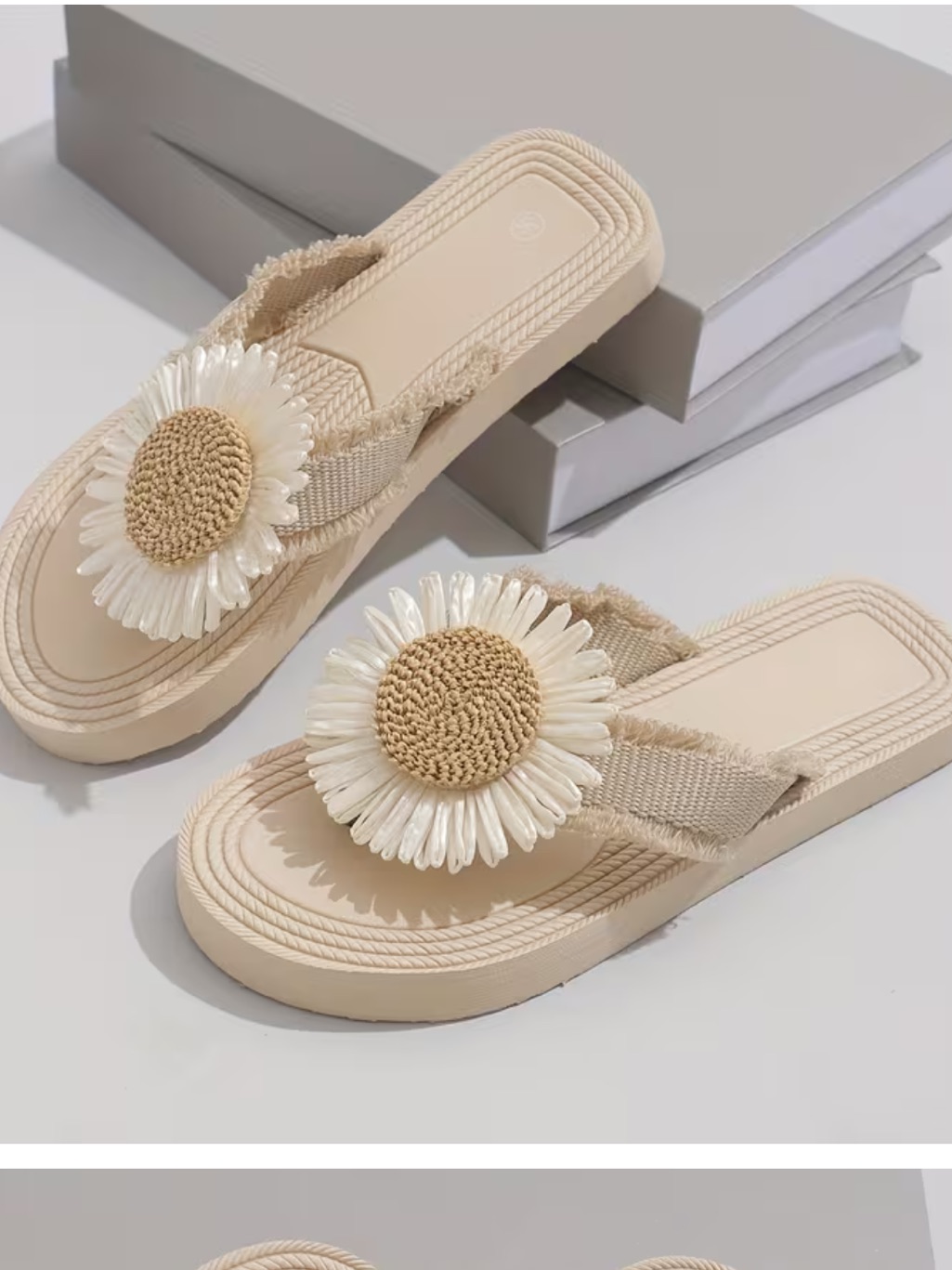 Neutral Beige Daisy-Accent Women's Flip Flop Sandals